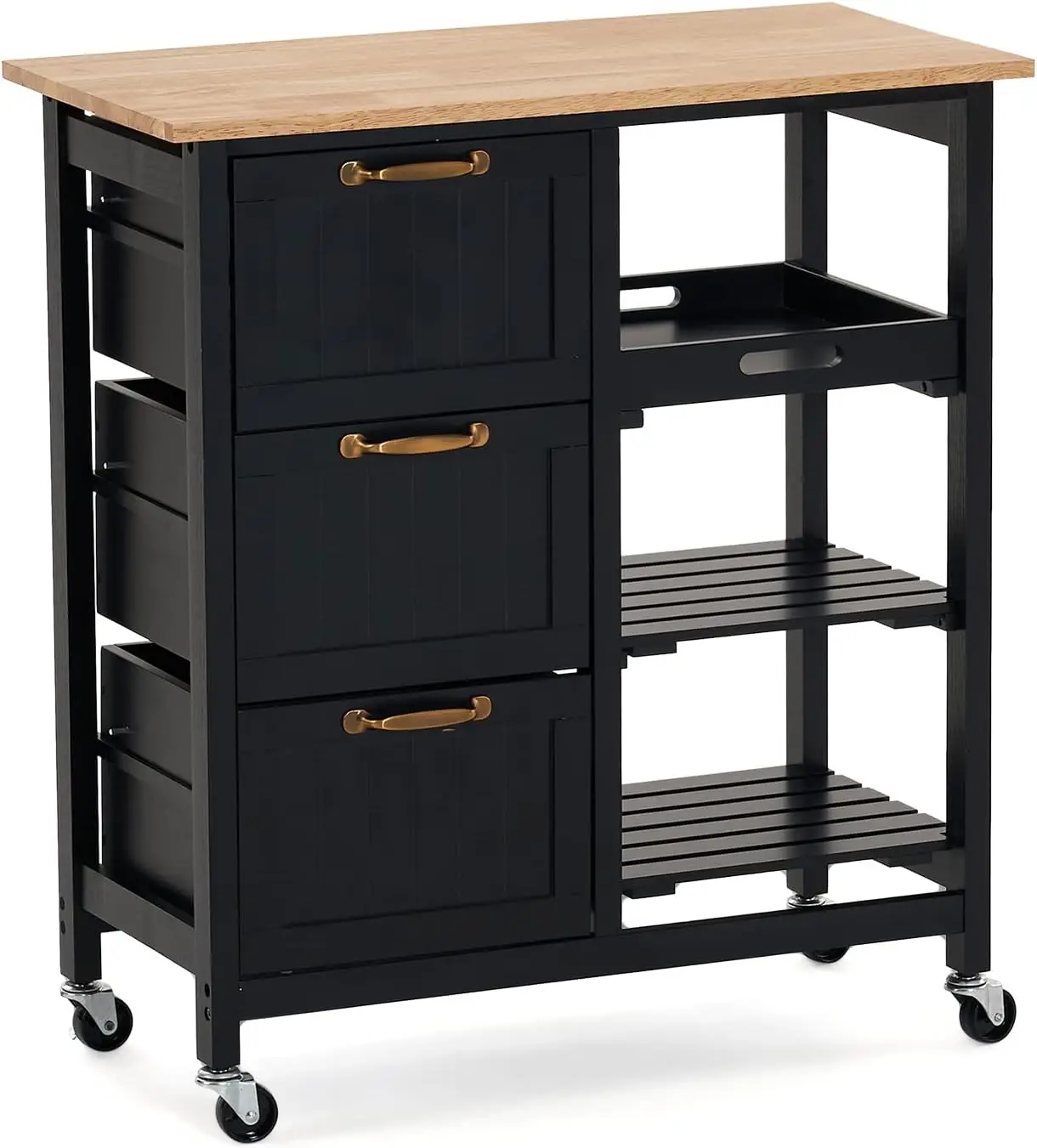 Kitchen Island Cart with 3 Drawers 2 Tier Holders 1 Removable Tray Black Rolling Kitchen Storage Home Serving Bar Cart Sm