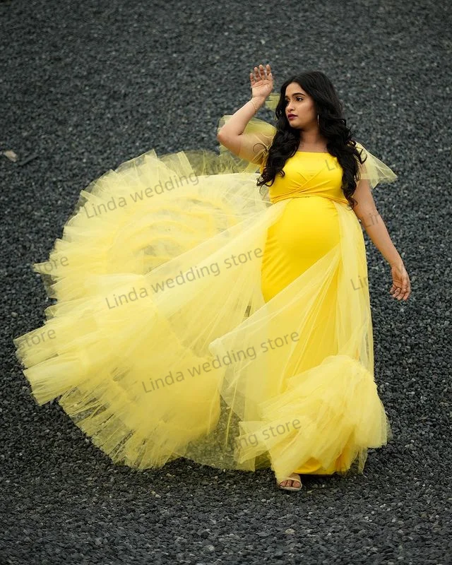 Pretty Yellow Maternity Dresses for Women A line Pregnancy Prom Dresses with Lining Photo Shoot Babyshower Plus Size