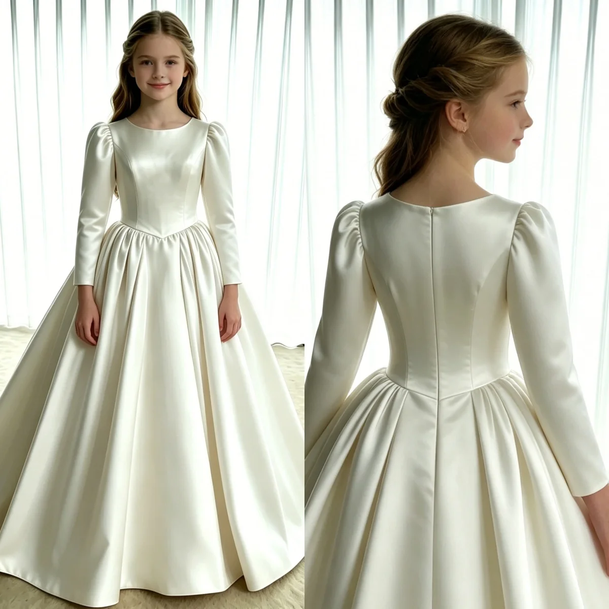 Vestido de Primera Comunión para Niña, Modesto, de Manga Larga, Satinado, Línea A, Largo hasta el Suelo, para Iglesia, Bautizo, Ceremonia Religiosa, Boda