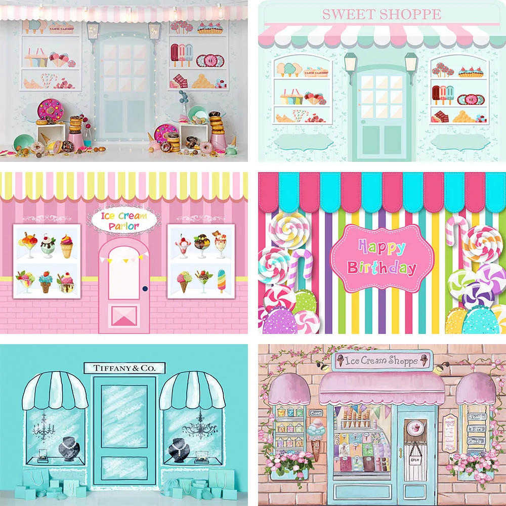 

Sweet Shop Candy Bar Backdrop Girl Happy Birthday Party Banner Ice Cream Lollipop Donuts Photography Background Decor Photozone