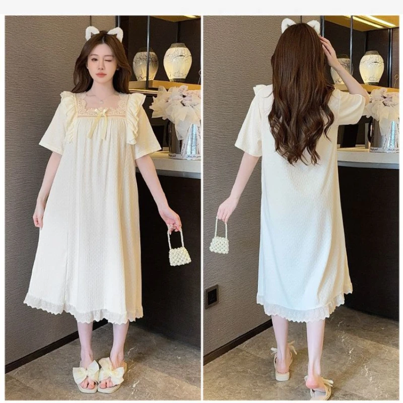 Женское хлопковое платье для сна размера 5XL с накладкой на грудь, летняя домашняя одежда с короткими рукавами, свободная ночная рубашка средней длины в стиле принцессы