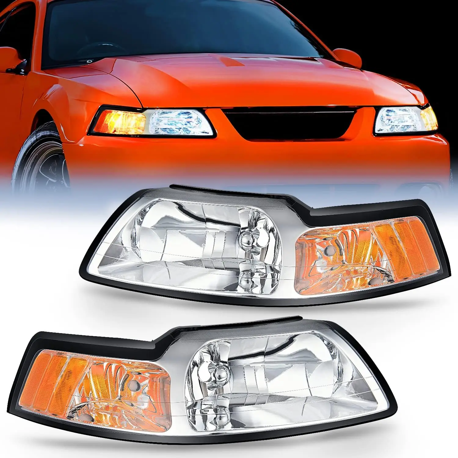 

Headlight Assembly for 1999 2000 2001 2002 2003 2004 Ford Mustang Headlamps Replacement Chrome Housing Amber Reflector Driver an