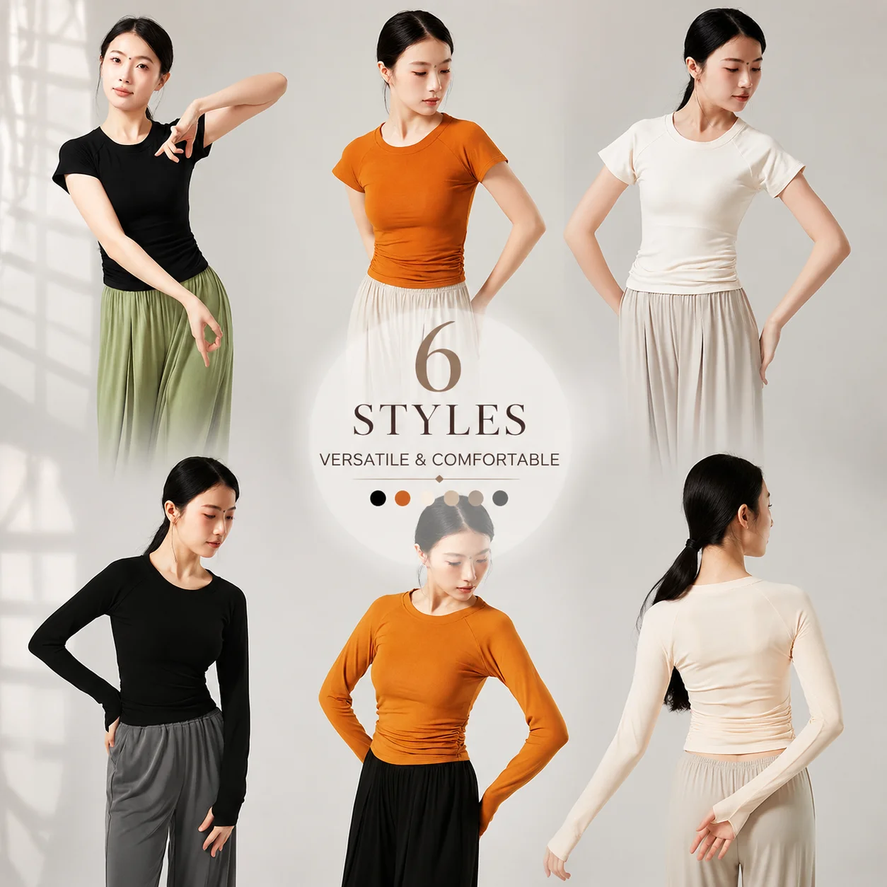

Short Long Sleeve Ruched Dance Top Round Neck Slim Fit Yoga Shirt For Women Casual Solid Color Breathable Gym Workout T-Shirt
