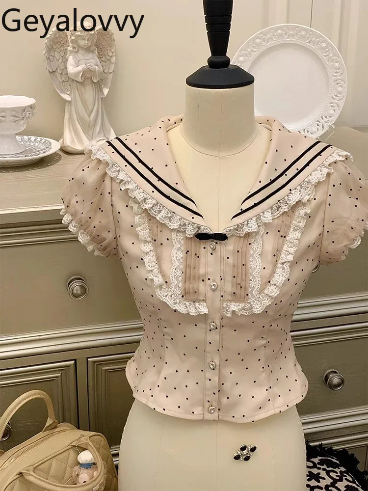 

Sweet and Cute Girl Navy Collar Lace Slim Polka Dot Tops Summer New Versatile Bubble Short-sleeved Single-breasted Shirt