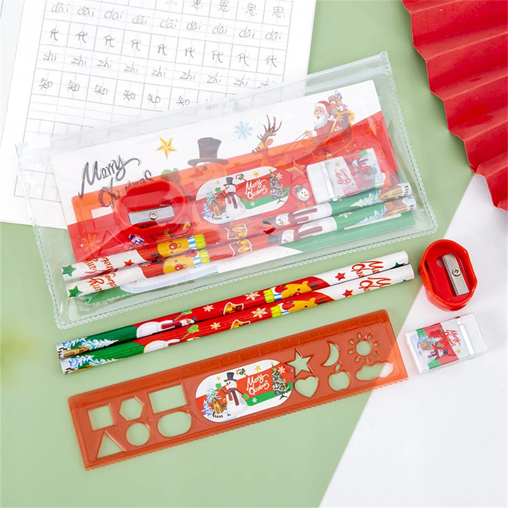 

1 Set /5pcs Christmas Gift Stationery Set Pencil Eraser Pencil Sharpener Ruler Student Writing Instruments Kids School Supplies