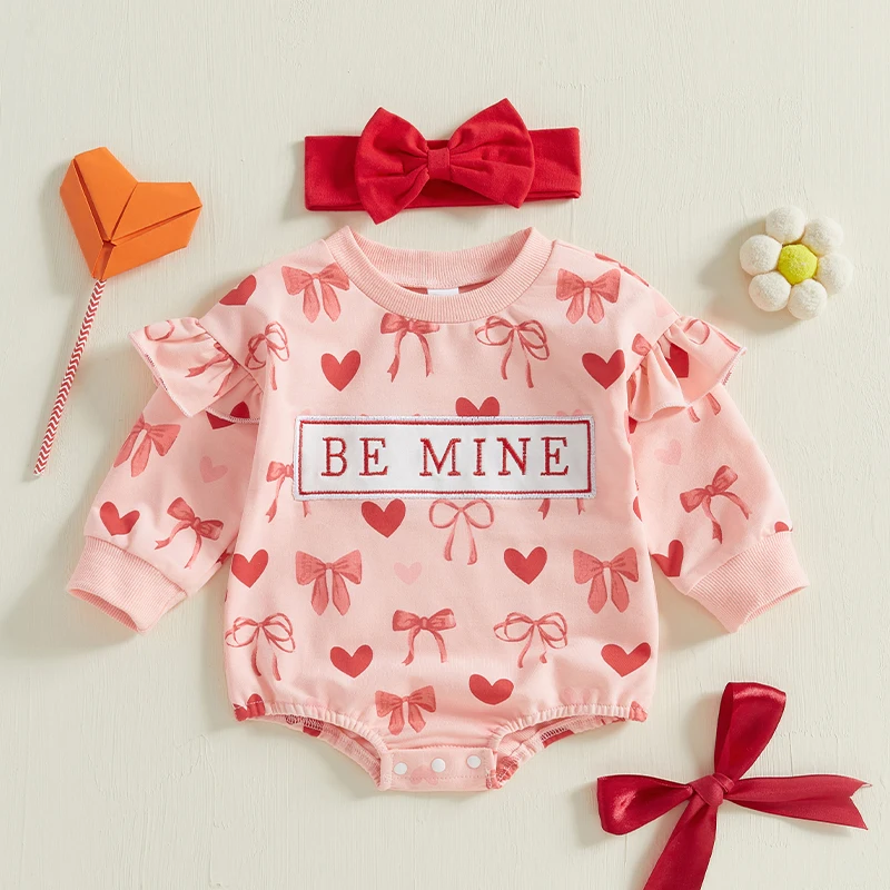 Baby Girl 2Pcs Valentine's Day Clothes Outfits Long Sleeve Heart Bow Print Romper with Headband Set Infant Baby Bodysuits