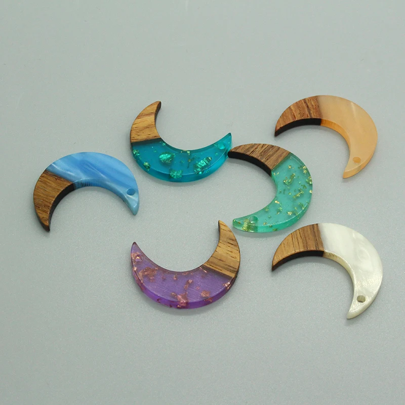 2/4/6pcs Transparent Splicing Wood Resin Moon Charms Fashion Crescent Moon Pendants For Earring Necklace Keychains Jewelry Make