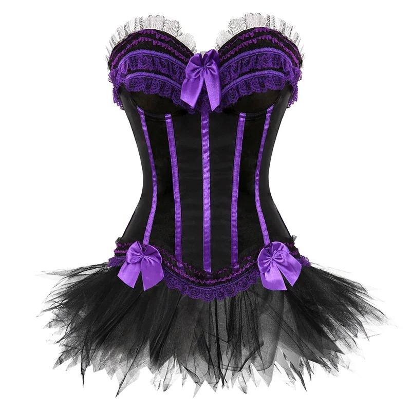 Sexy Lace Overbust Corset Top Women Vintage Satin Bow Bustier Striped Floral Lace Up Corset Bustier Short Skirt Set