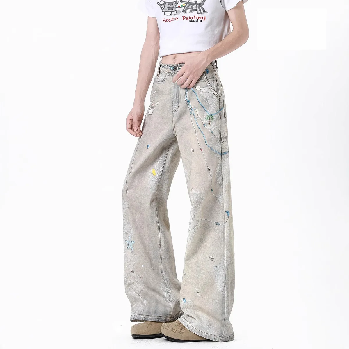 

American Printed High-waisted Jeans Women Spring Summer High Street Straight-cut Pants Designer Niche Dirty-dyed Pants