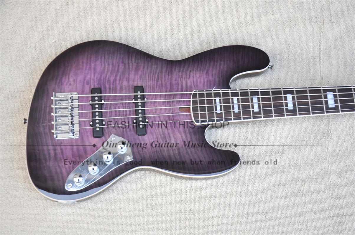 5 Strings Black Bass Guitar Purple Bass Alder Wood Body Flamed Maple Top Cream Binding Active Battery Fixed Bridge Maple Neck