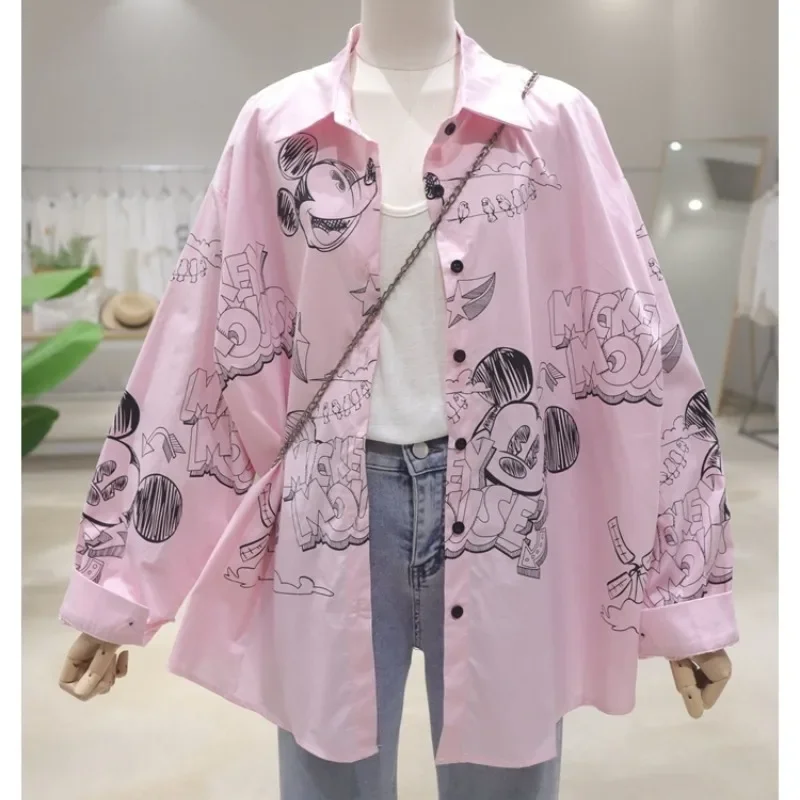 Unique Design Cartoon Printing Single-breasted Shirt 2024 Autumn Loose Casual Thin Pink Cotton Top Long-sleeved Blouse For Women