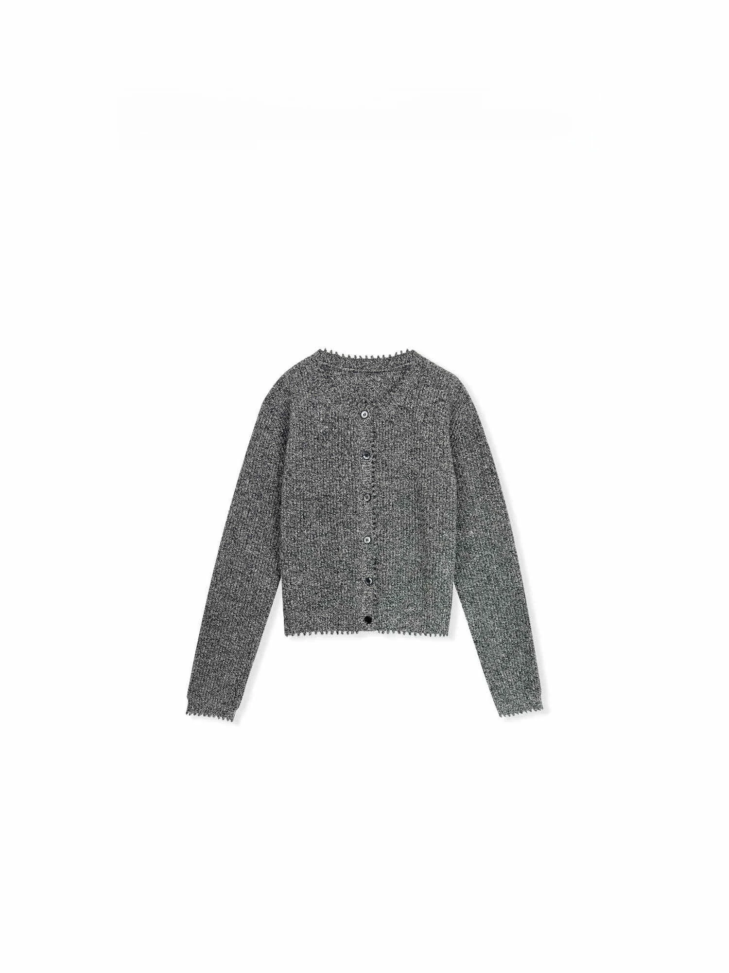 

Soft Versatile Week Autumn Winter Simple Wave Tooth Knitwear round Ne Long Sve Cardigan Fine Wool Blend