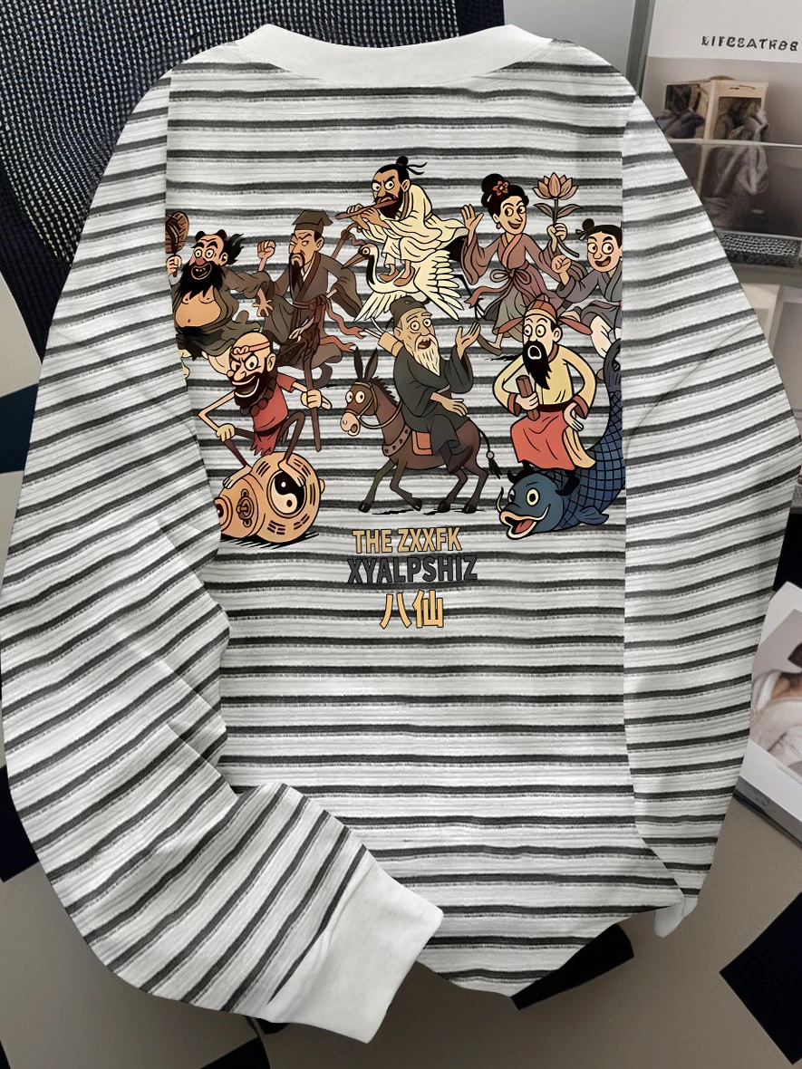 

Outlet Brand Men's Long Sve T-irt Striped American Sle Spring Autumn Versatile Top Youth Faion Printed Loose Fit