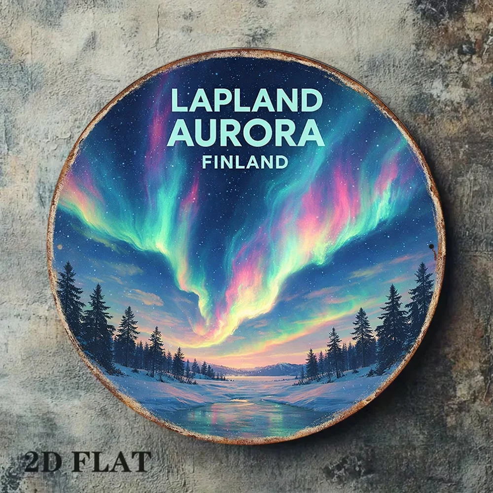 2D Flat - 1pc 8 X 8 Inches/20 X 20 Cm 2D Flat Circular Aluminum Sign, Vintage Aluminum Plaque about Aurora And Finnish Lapland,
