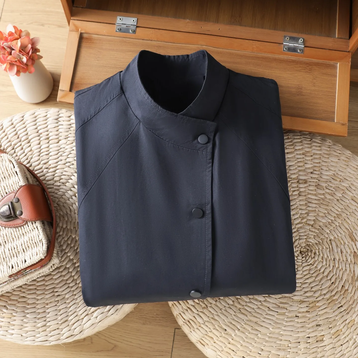 Women's Casual Long-Line Drawstring Waist Vest  Color Stand Collar Single Button Design Comfortable Loose Fit Autumn Top