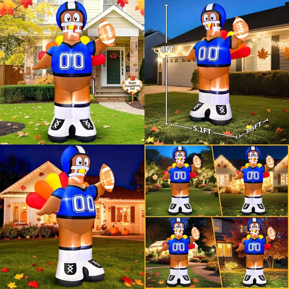 

Гигантская надувная индейка на День Благодарения 8 футов с футбольным мячом и встроенными огнями для наружного газона или осеннего праздничного декора в помещении