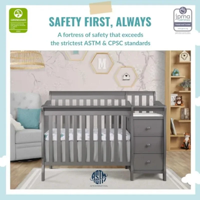 Dream On Me Jayden 4-in-1 Mini Convertible Crib And Changer in Storm Grey, Greenguard Gold Certified, Non-Toxic Finish