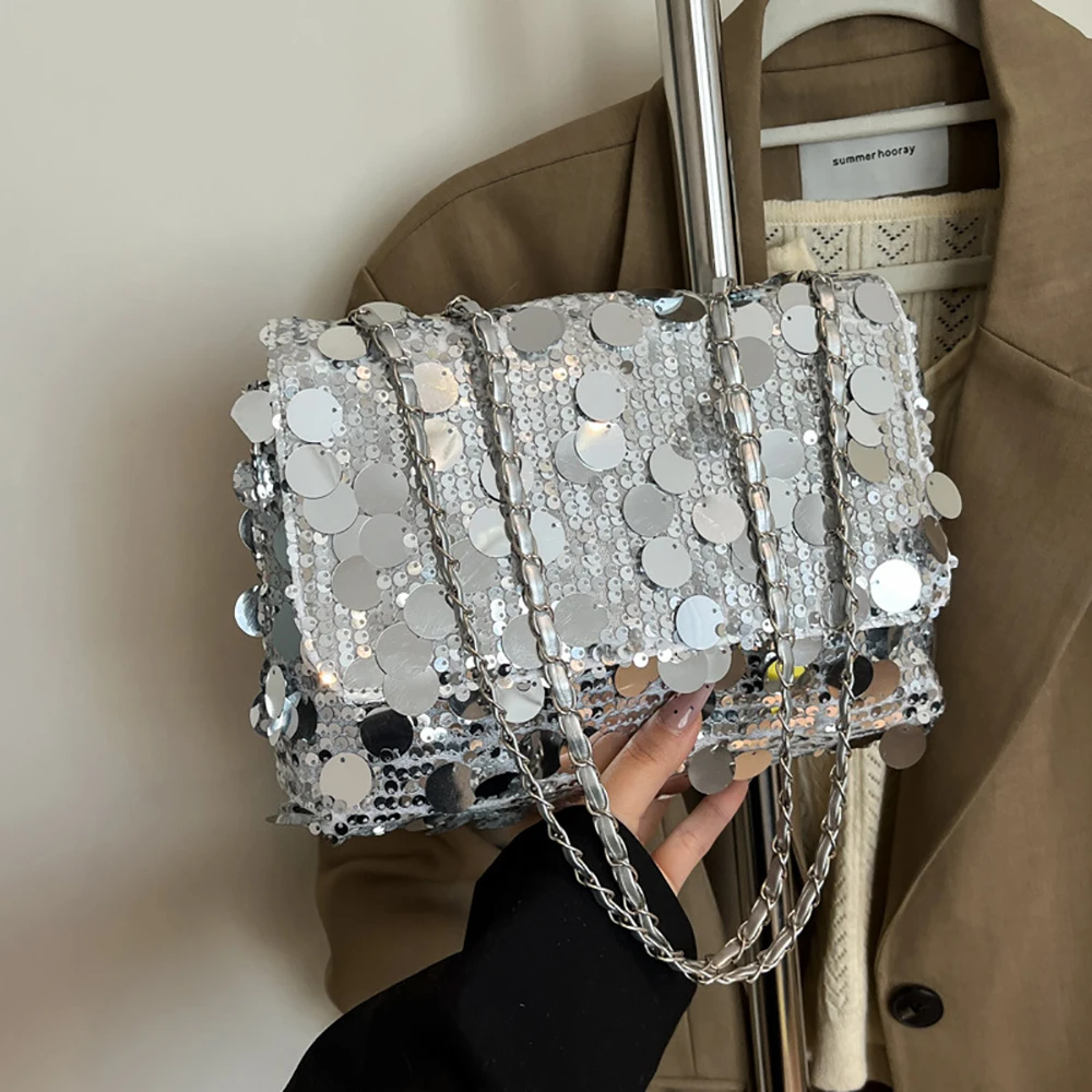 

Fashionable Silver Sequin Women's Shoulder Bag 2026 Summer Chain Strap Square Crossbody Bags Versatile Stylish Underarm Bags