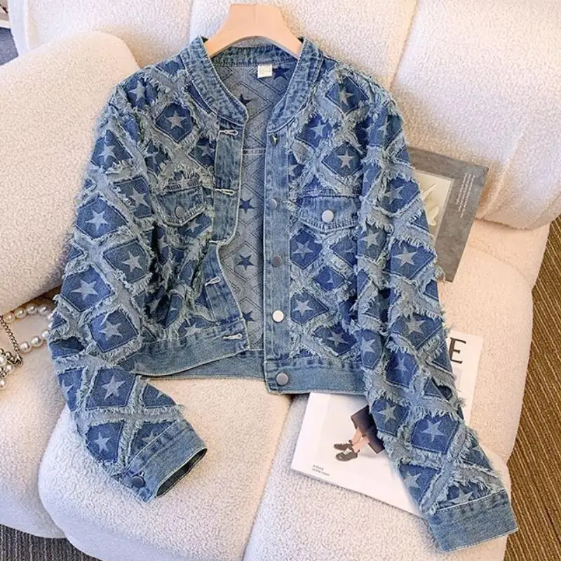 

Spring Autumn New Style Women Fashion Highend Feeling Small Fragrance Style Stand Collar Denim Jacket Loose Design Sensecardigan