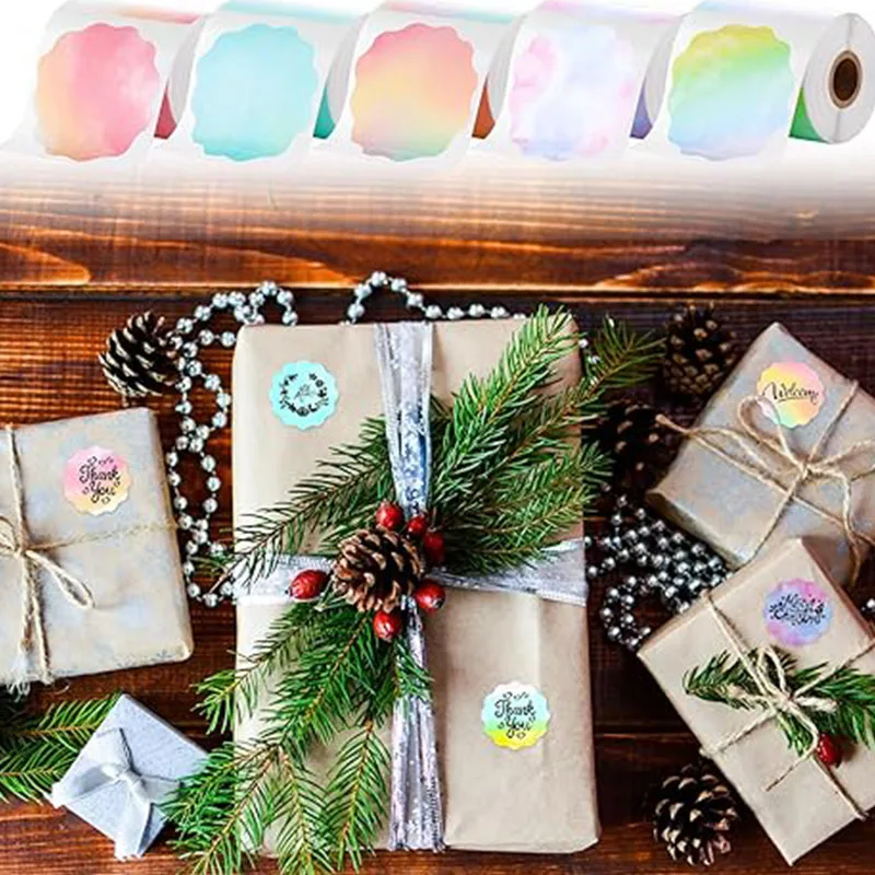 그라데이션 자가 접착 라벨 직접 열전사 원형 스티커 롤 꽃 모양 원형 인쇄 가능 라벨 용지 선물 카드 가정용 보관