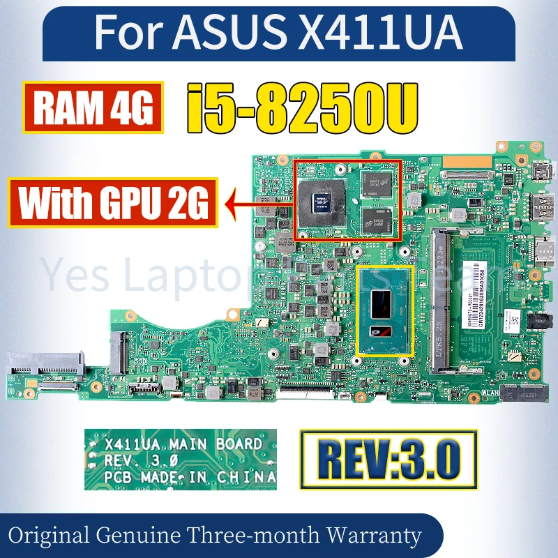 REV:3.0 For ASUS X411UA Laptop Mainboard 60NB0110-MB5021 i5-8250U RAM 4G V2G Notebook Motherboard 100％ Tested