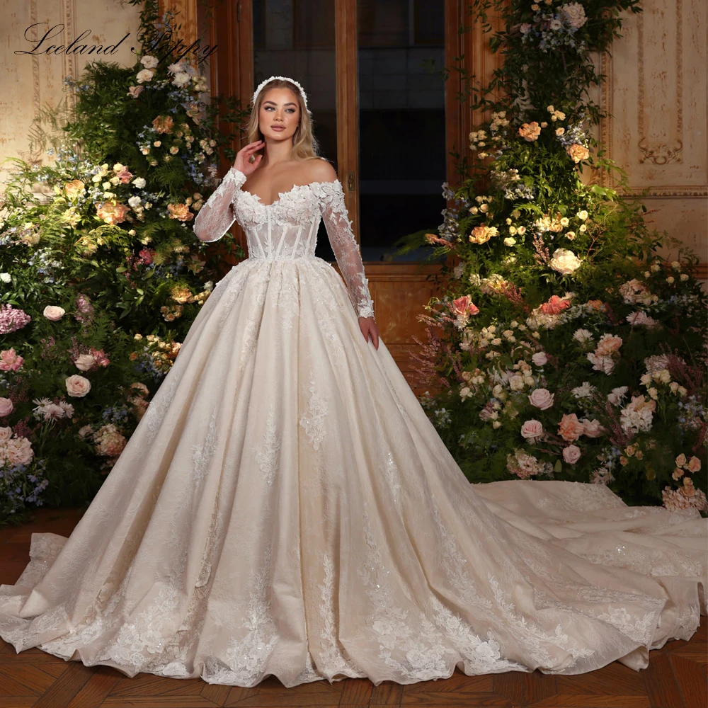 Lceland Poppy Customized A Line Boat Neck Lace Wedding Dresses Full Sleeves Beaded Bridal Gowns with Cathedral Train