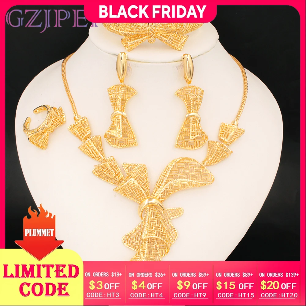

GZJPEI 4 Pcs Bohemian Bohe Jewelry Set 18K Gold Plated Big Necklace Bracelet Bow Drop Earring Ring For Women Party Gift 2025 New