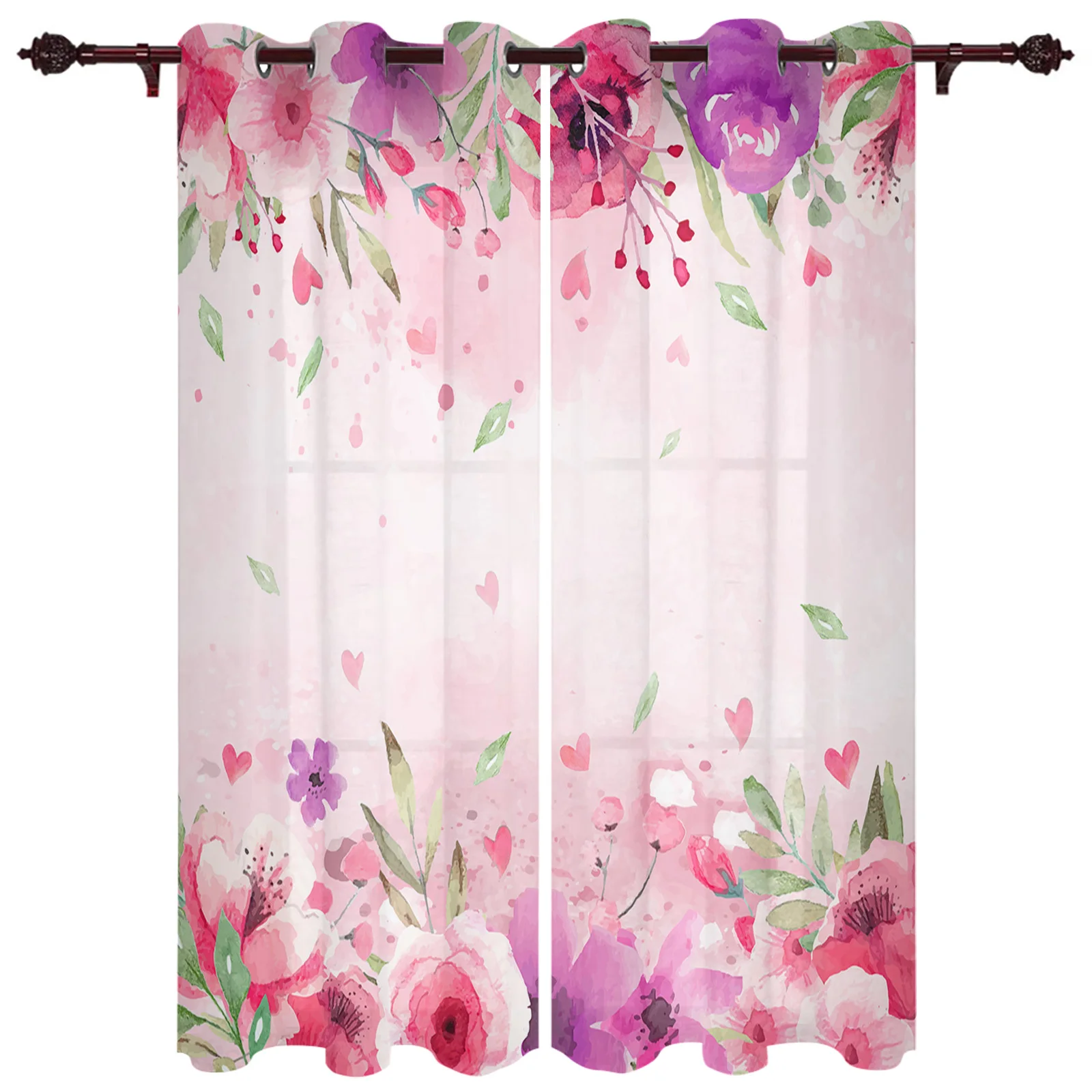 Valentine'S Day Watercolor Flowers Love Green Leaves Window Curtains Living Room Bedroom Screen Modern Home Decor Valance Drapes