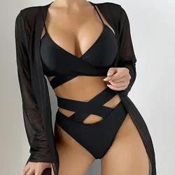 Sexy Black Mesh Cover Up Swimwear Cross Bandage High Waisted Bikinis Set Mujer Women Swimsuits High Cut Bathing Suits Beach Wear