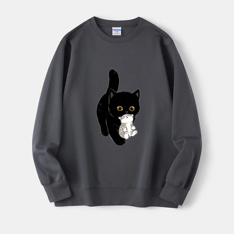 

Милый мультяшный свитшот с котенком, круглый вырез, свободный крой, оверсайз, длинный рукав, с принтом, хлопок/полиэстер