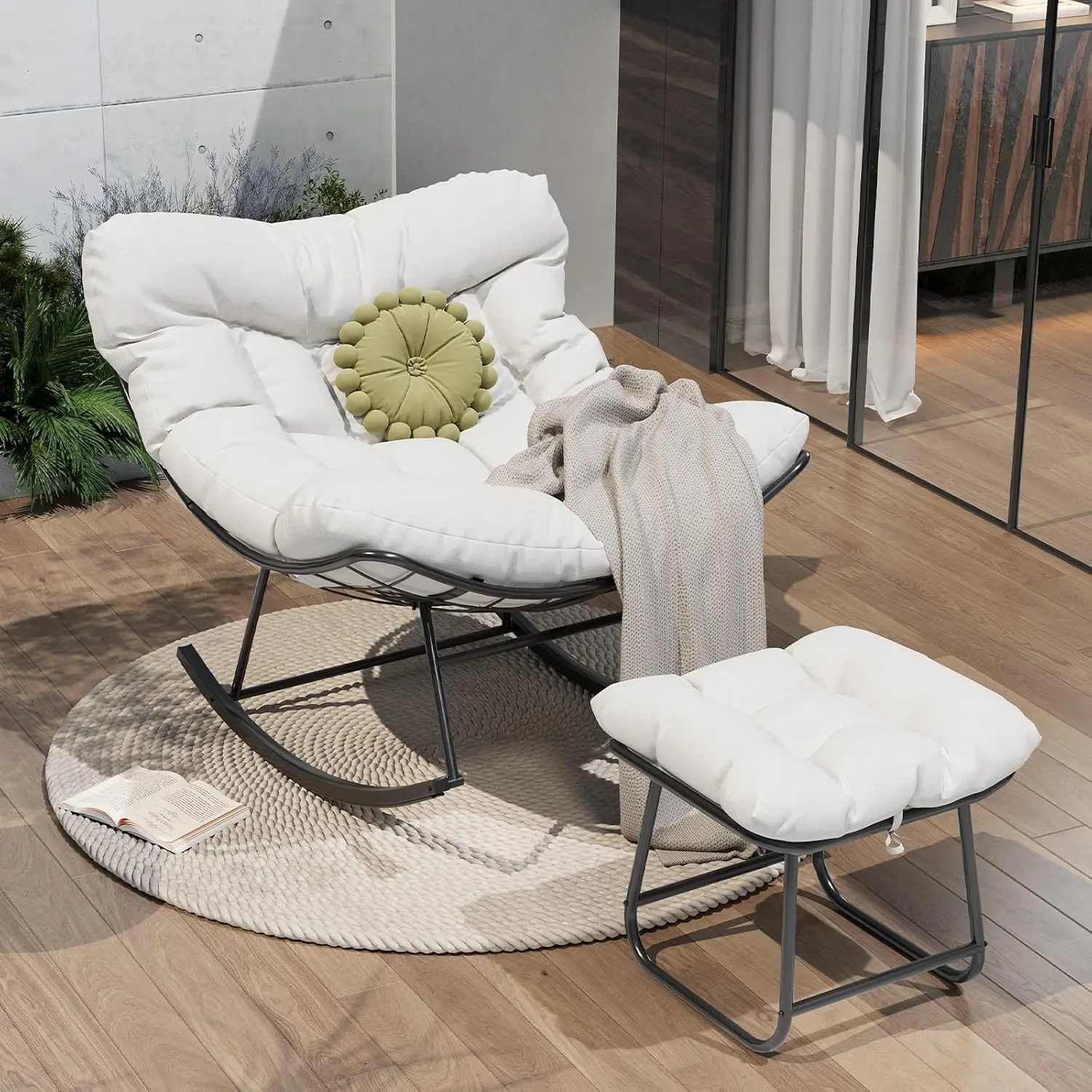 Sillón mecedora Papasan extragrande para exteriores de 100x100x90CM con reposapiés y otomana – Estructura metálica robusta, tumbona de mimbre para todo tipo de clima