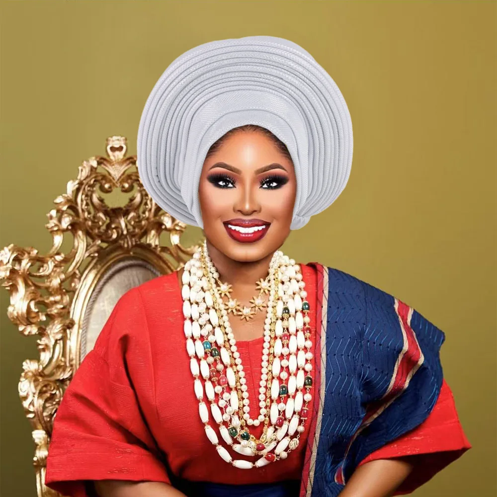 

Elegant African Headtie Turban Already Made Solid Women's Auto Gele Female Head Wraps Nigeria Head Ties Wedding Party Headgear