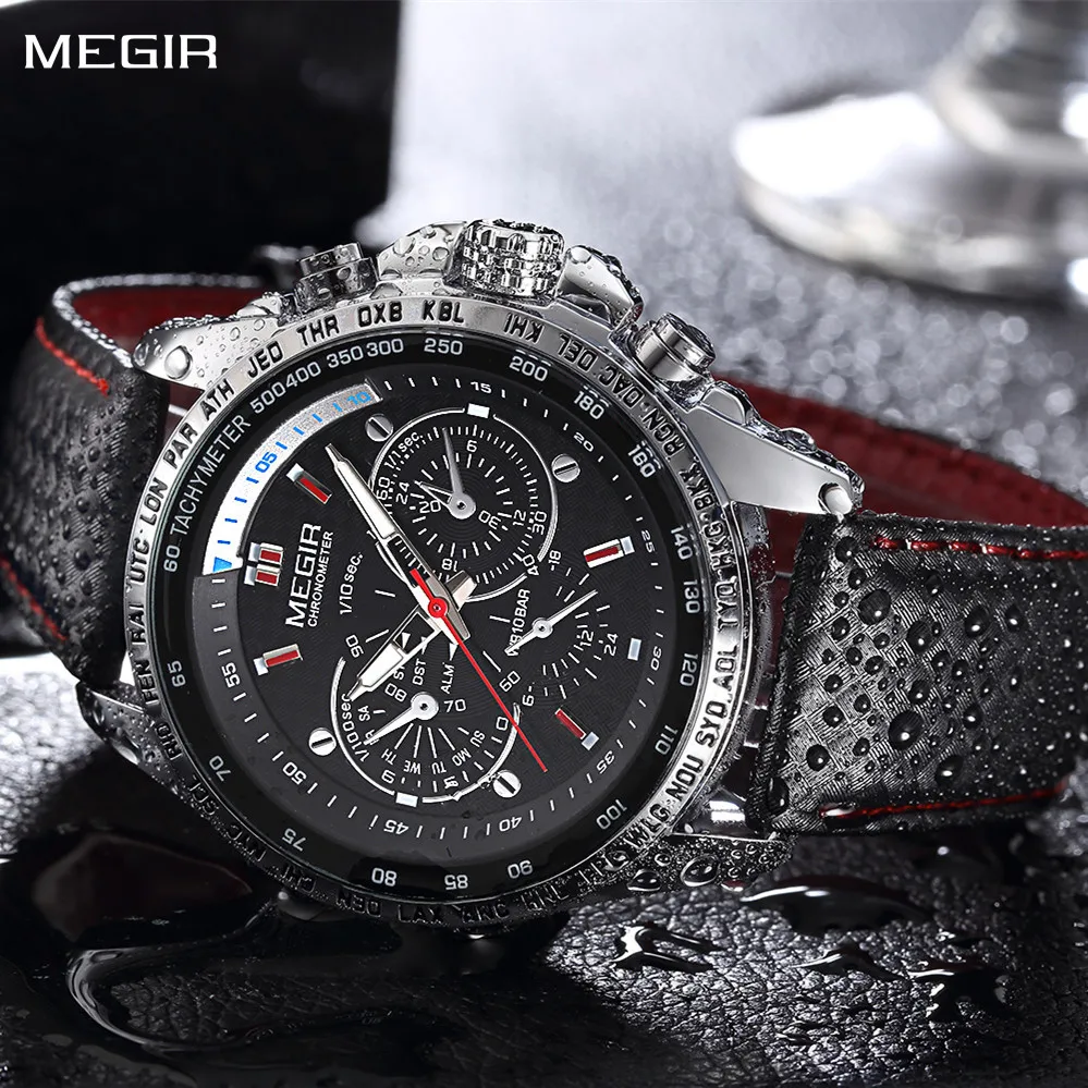MEGIR 1010 Men Sports Watch Fashion Business Genuine Leather Strap Waterproof Luminous Hands Tachymeter Quartz Watches