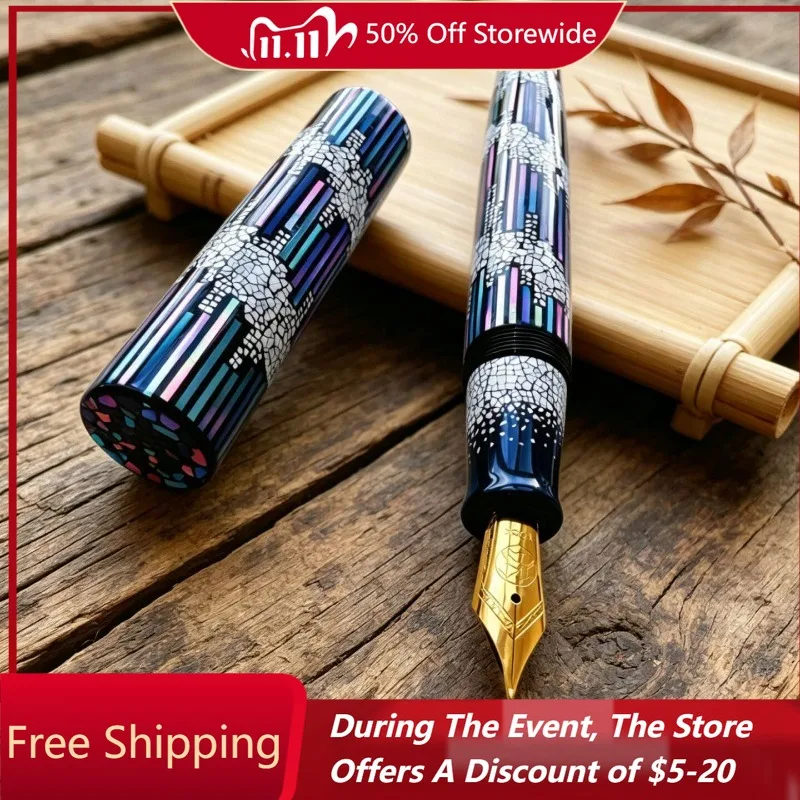 JIYUE Luxury Lacquer Fountain Pen with Luminous Shell and Mother of Pearl Handmade German Bock Fountain Pen Made of Hard Rubber
