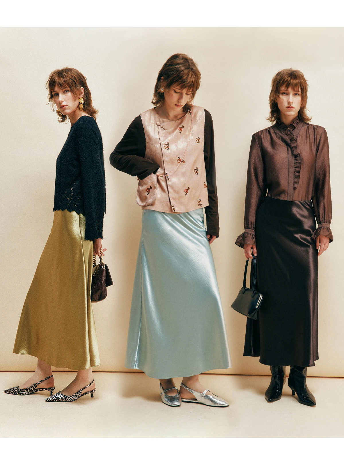 

Ele Long Acetate Satin Skirt with Elastic Waist Pearl Luster High Waist Bodycon Skirt for Women Mid-Aged Spring Season