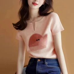 Women's Clothing Summer Solid Color Short Sleeve Round Neck Pullover Sweater Knitted Thin T-shirt Casual Fashion Trendy Tops