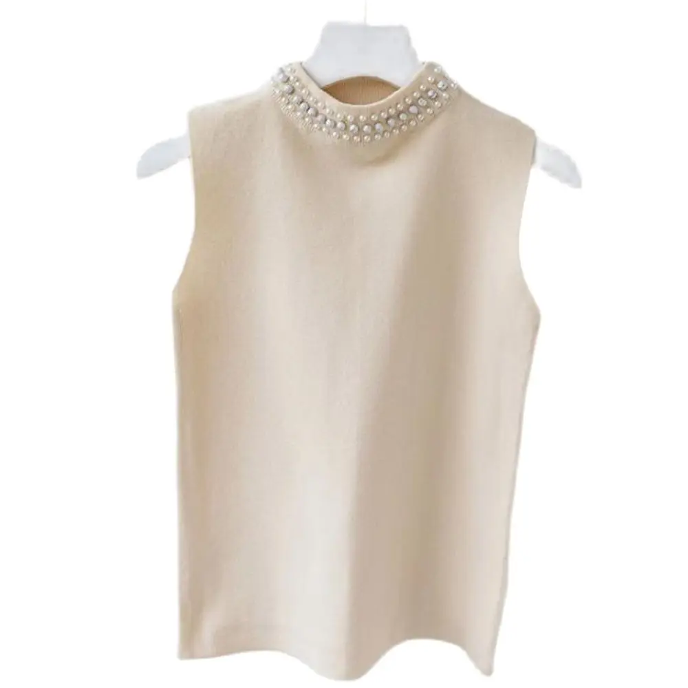 Lady Vests Women Bodycon Knit Sleeveless Sweaters Knitted  All-match Tops Female Tank Tops Beading Slim Gilet Stretch