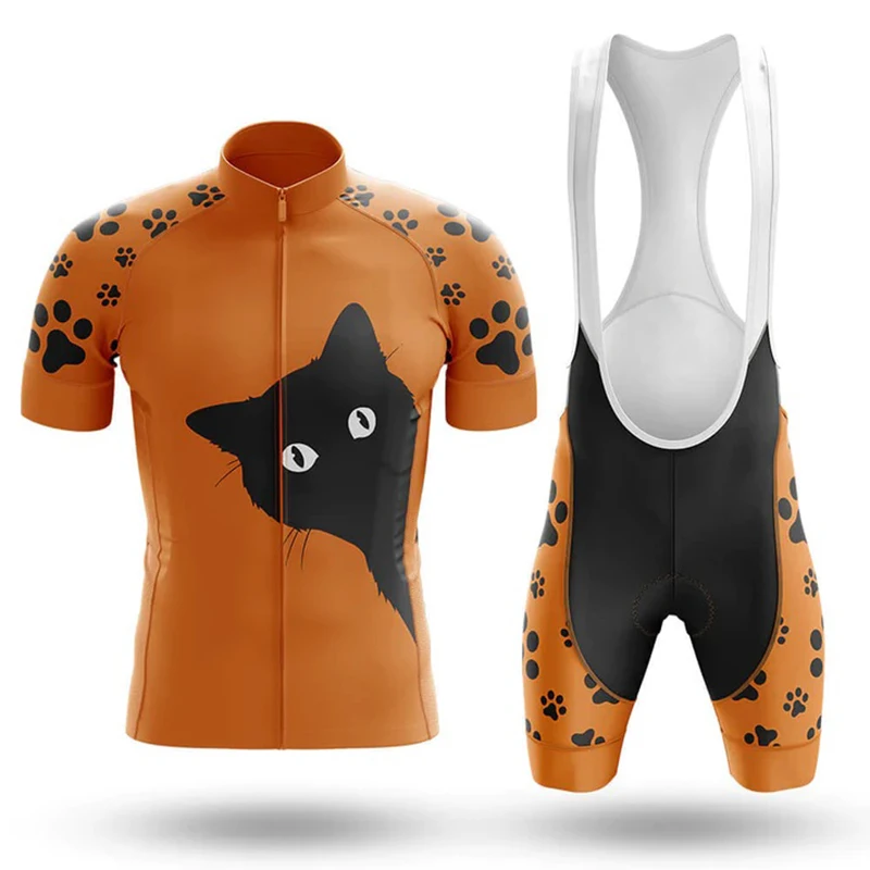 Peeking Black Cat Cycling Kit Orange Men's  Bike Jerseys Shirt Short Sleeve Sets Bicycle Clothing Bib Pants Ride Wear