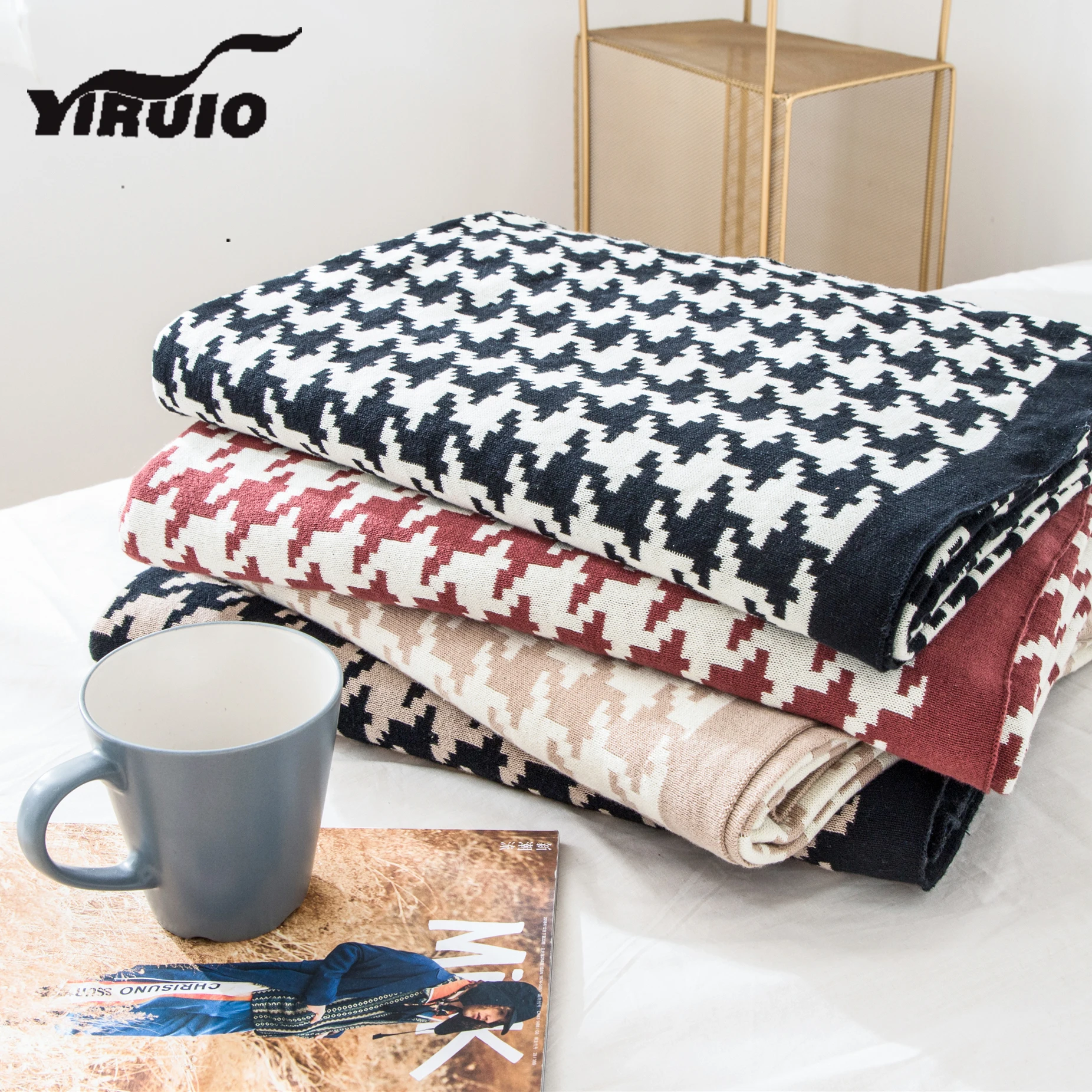 YIRUIO Vintage British Style Houndstooth Throw Blanket Classic Cotton Knitted Bed Sofa Cover Bedspread Quilt Comforter Blankets