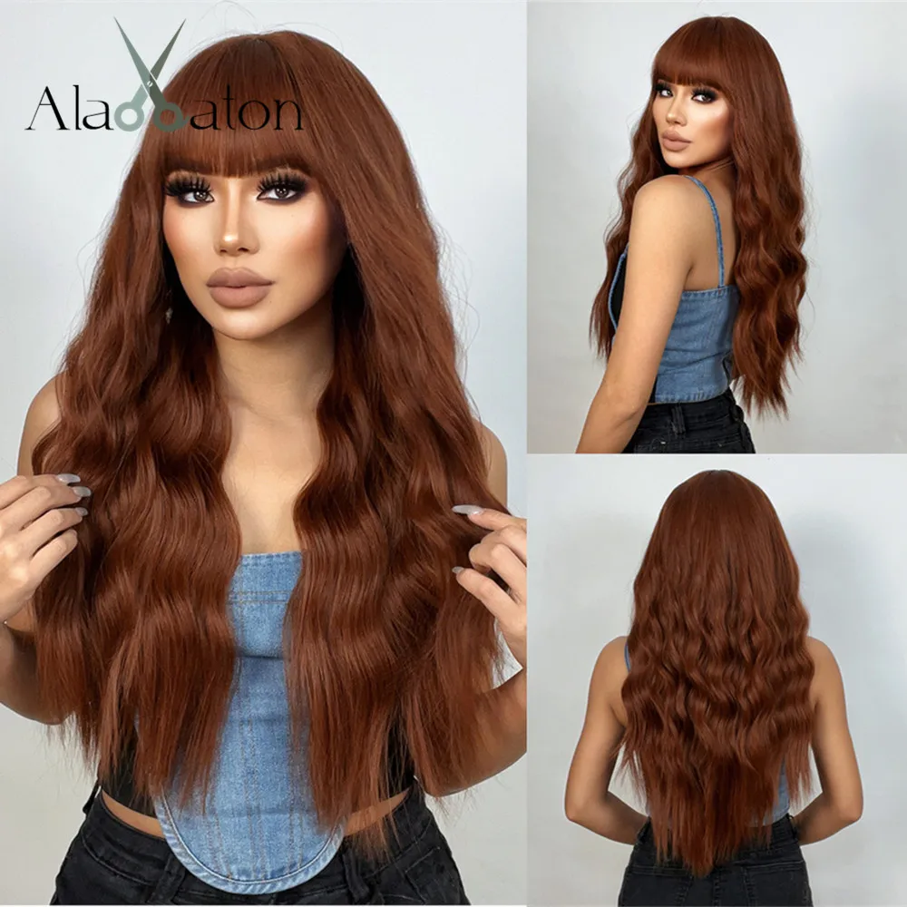 ALAN EATON Cooper Red Long Natural Wavy Synthetic Wig Loose Curly Auburn Wigs with Bangs for Women High Temperature Daily Hair