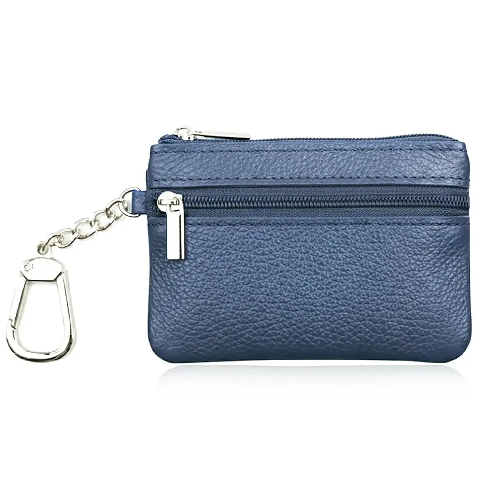 

Маленькая кожаная монетница-кошелек для мелочи для женщин, мужчин и детей с молнией и кольцом для ключей (синий)