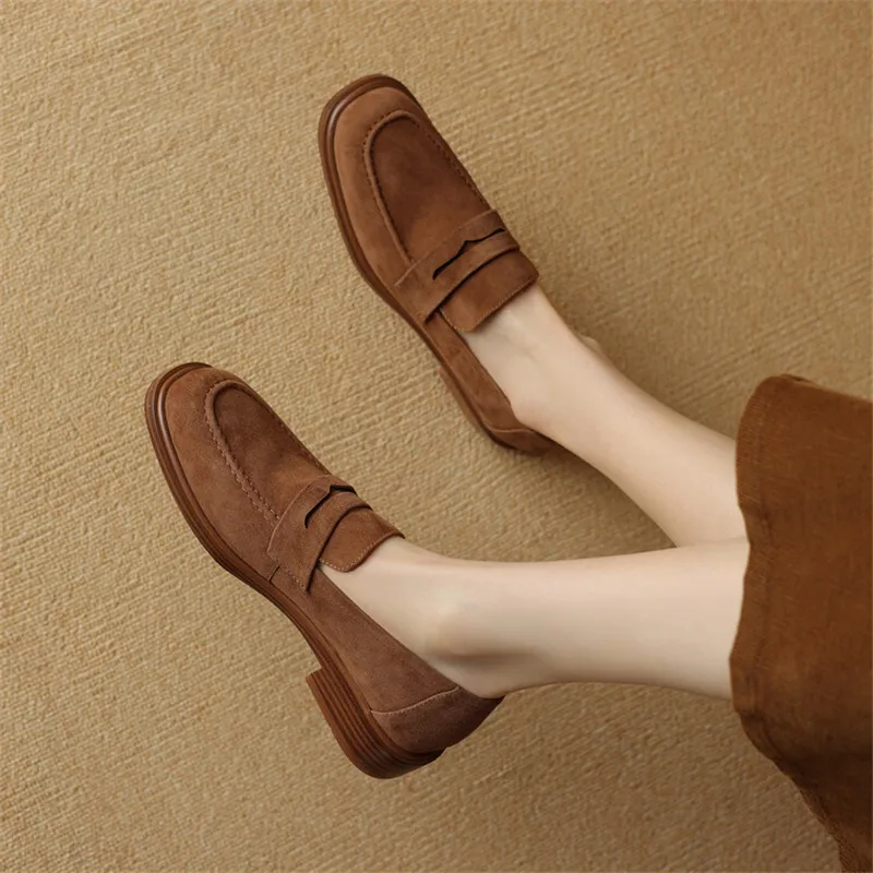 2024 Spring Sheep Suede Women Shoes Round Toe Chunky Heel Women Pumps Shoes for Women Deep Mouth Loafers Low Heels Ladies Shoes