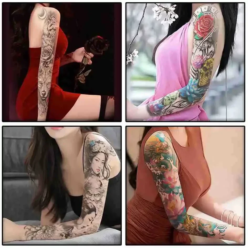 Full Arm Fake Tattoo Stickers for Women Men Lotus Wolf Tiger Sleeve Tatoos Temporary Waterproof Leg Tatouage Temporaire Homme