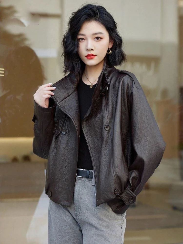 Casual Loose PU Leather Jaet Brown Stand Collar Women's Spring Autumn New Sle Retro Hong Kong Sle Leather Coat