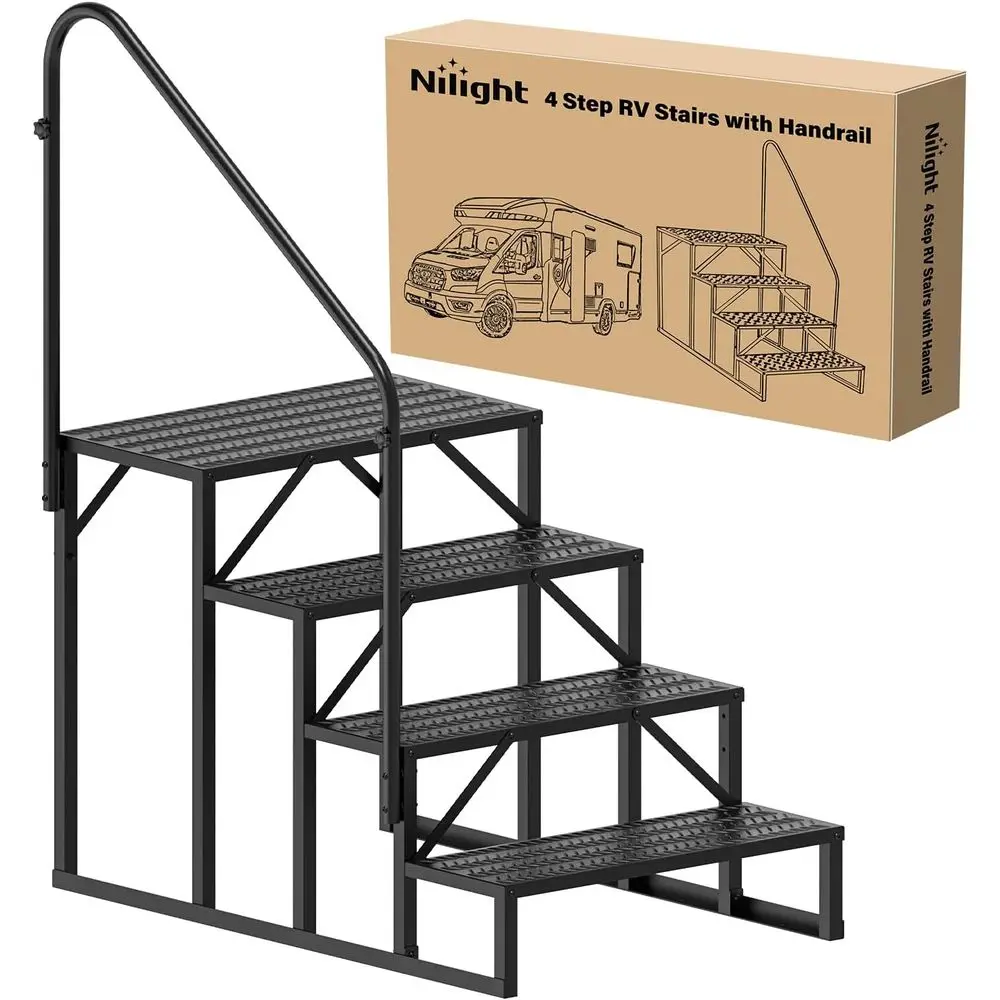Handrail, 4 Steps Outdoor RV Stairs, Portable Mobile Motor Home Steps for Camper, Travel Trailers, Dock Entry, 5th Wheel RV Porc