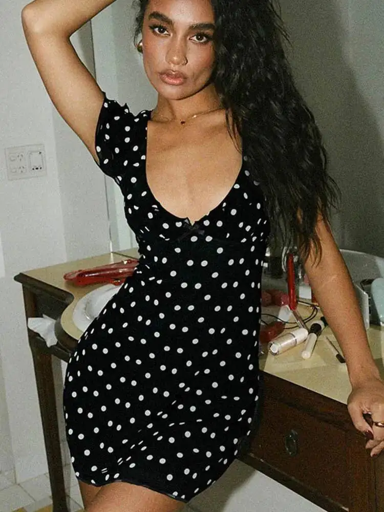 

Платье во французском стиле с летающими рукавами и принтом в горошек, женское праздничное модное мини-наряды трапециевидной формы с v-образным вырезом, летний сарафан