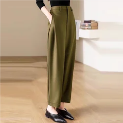 Spring New Korean Fashion Simple Straight Casual Pants Women Solid Zipper Button Pockets High Waist Slim Loose Wide Leg Trousers