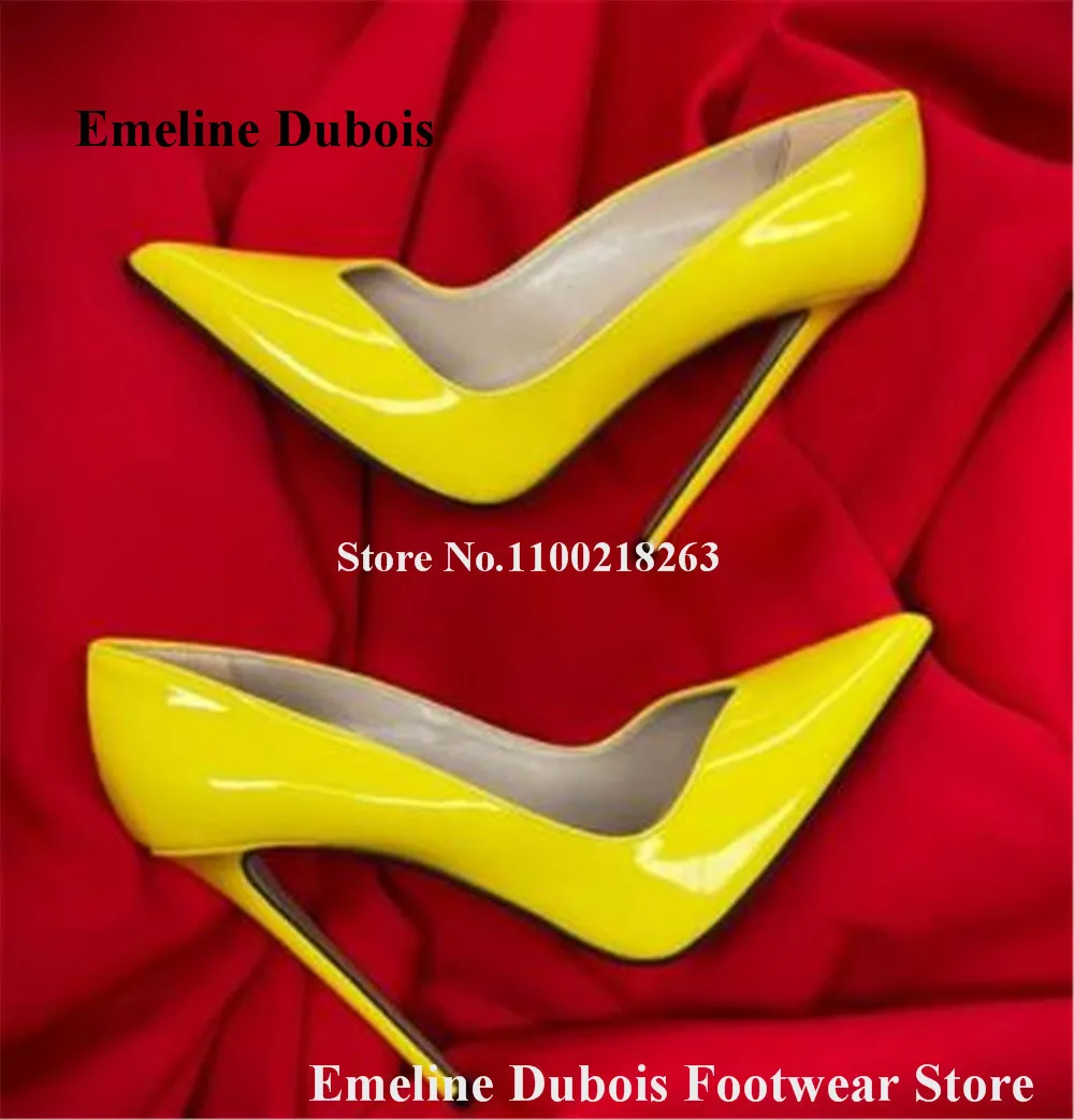 เซ็กซี่ V-ตัดปั๊ม Emeline Duboisc ใหม่ล่าสุด Designer Pointed Toe สีเหลืองสีเขียวสีดําสิทธิบัตรหนัง Stiletto ส้น 12 ซม.รองเท้า