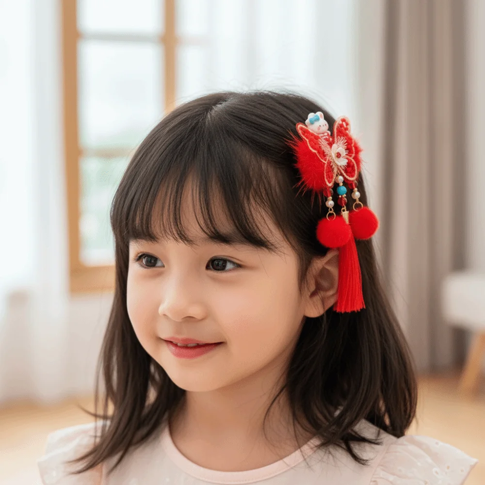 

Gift Elegant Traditional Chinese Hair Clip Cute Hair Ball Tassel Hairpin Bow Red New Year Hair Accessory Celebration