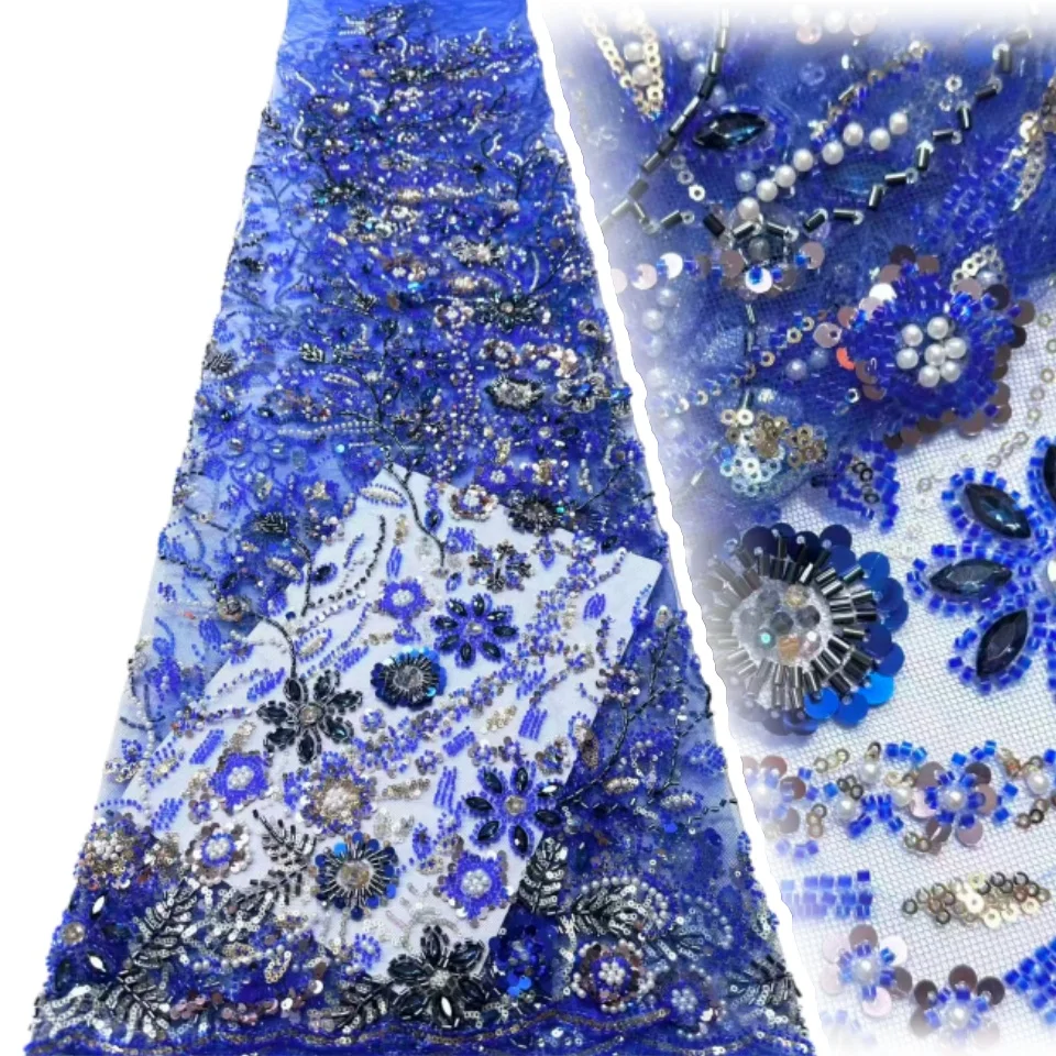 

Синяя роскошная африканская тяжелая ткань с бисером, высококачественная нигерийская тюль, кружевная ткань с блестками, свадебное платье, ткань Haute Couture 2076